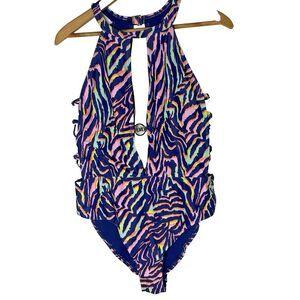 XOXO One Piece Swimsuit Halter Strappy Sides Deep Plunge Colorful Womens XL Blue